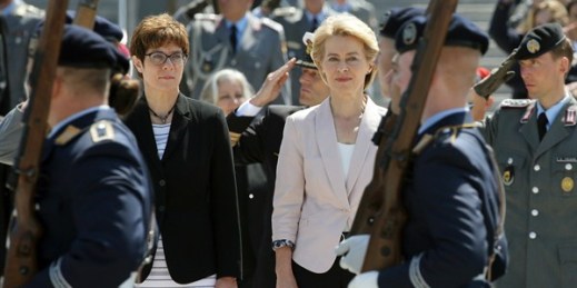 Ursula von der Leyen, right, Germany’s outgoing minister of defense and newly elected president of the EU Commission, at the Federal Ministry of Defense inauguration, in Berlin, July 7, 2019 (Photo by Wolfgang Kumm for dpa via AP Images).