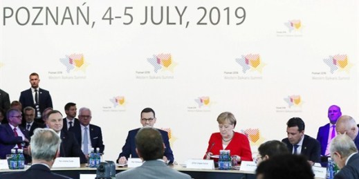 German Chancellor Angela Merkel, Polish President Andrzej Duda, left, and Polish Prime Minister Mateusz Morawiecki at a summit meeting between leaders from the EU and Western Balkan states, in Poznan, Poland, July 5, 2019 (AP photo by Czarek Sokolowski).