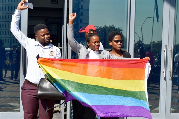 Activists celebrate outside the High Court in Gaborone, Botswana, June 11, 2019 (AP photo).