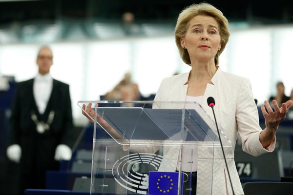 Germany’s Ursula von der Leyen, the next president of the European Commission, delivers her speech at the European Parliament in Strasbourg, eastern France, July 16, 2019 (AP photo by Jean-Francois Badias).