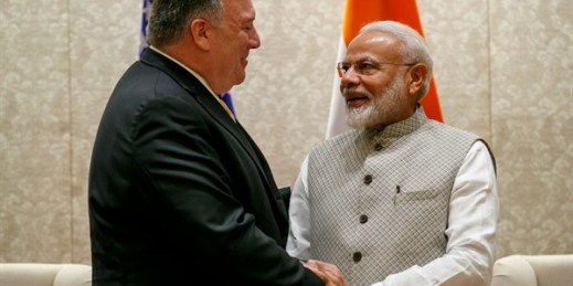 Secretary of State Mike Pompeo, left, and Indian Prime Minister Narendra Modi during their meeting at the Prime Minister’s Residence, in New Delhi, India, June 26, 2019 (AP photo by Jacquelyn Martin).