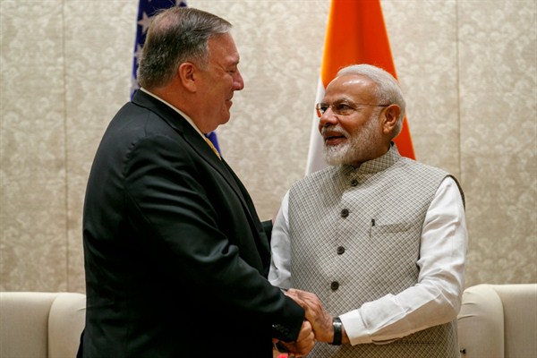 Secretary of State Mike Pompeo, left, and Indian Prime Minister Narendra Modi during their meeting at the Prime Minister’s Residence, in New Delhi, India, June 26, 2019 (AP photo by Jacquelyn Martin).