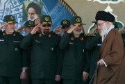 Iranian Supreme Leader Ayatollah Ali Khamenei, right, arrives at a graduation ceremony for Revolutionary Guard Corps officers, in Tehran, Iran, July 5, 2019 (Office of the Iranian Supreme Leader photo via AP Images).