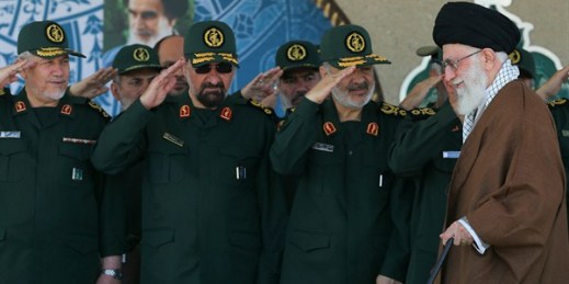 Iranian Supreme Leader Ayatollah Ali Khamenei, right, arrives at a graduation ceremony for Revolutionary Guard Corps officers, in Tehran, Iran, July 5, 2019 (Office of the Iranian Supreme Leader photo via AP Images).