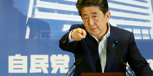 Japanese Prime Minister Shinzo Abe attends a press conference at the Liberal Democratic Party’s headquarters in Tokyo, July 22, 2019 (Kyodo photo via AP Images).