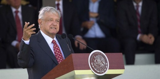Mexican President Andres Manuel Lopez Obrador addresses National Guard soldiers during a ceremony in Mexico City, June 30, 2019 (AP photo by Christian Palma).