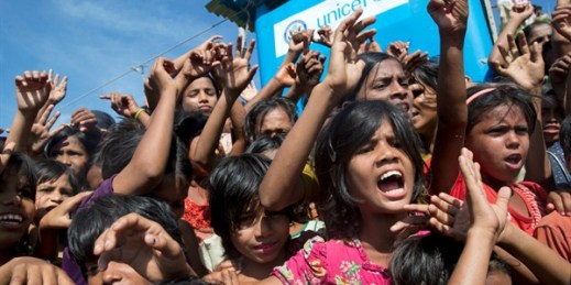 Rohingya refugee children shout slogans during a protest at Unchiprang refugee camp, near Cox’s Bazar, Bangladesh, Nov. 15, 2018 (AP photo by Dar Yasin).