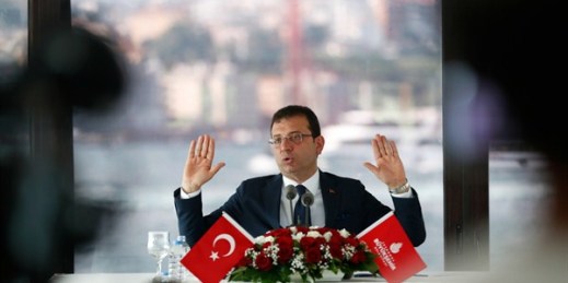 Ekrem Imamoglu, the new mayor of Istanbul from Turkey’s main opposition Republican People’s Party, or CHP, at a press conference the day after he took office, Istanbul, June 28, 2019 (AP photo by Lefteris Pitarakis).