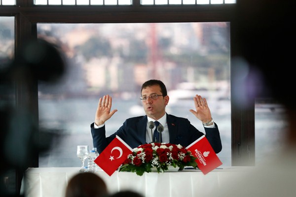 Ekrem Imamoglu, the new mayor of Istanbul from Turkey’s main opposition Republican People’s Party, or CHP, at a press conference the day after he took office, Istanbul, June 28, 2019 (AP photo by Lefteris Pitarakis).