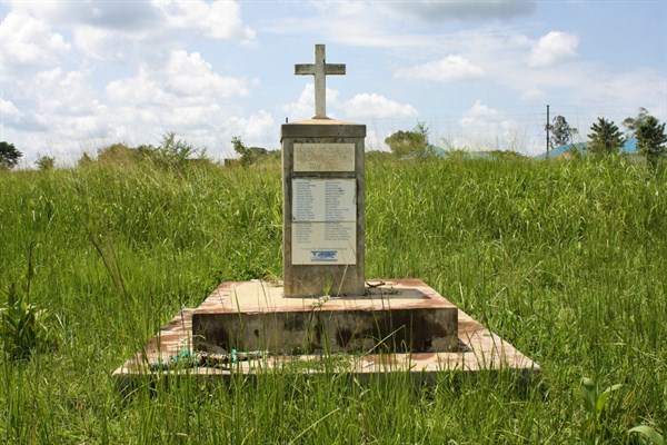 A monument with the names of those killed during the 2004 Lukodi Massacre by the Lord’s Resistance Army, in Lukodi, Uganda, July 2019 (Photo by Sophie Neiman).