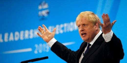 Boris Johnson, the new leader of the British Conservative party, at a Conservative Party leadership campaign event in London, July 17, 2019 (AP photo by Frank Augstein).