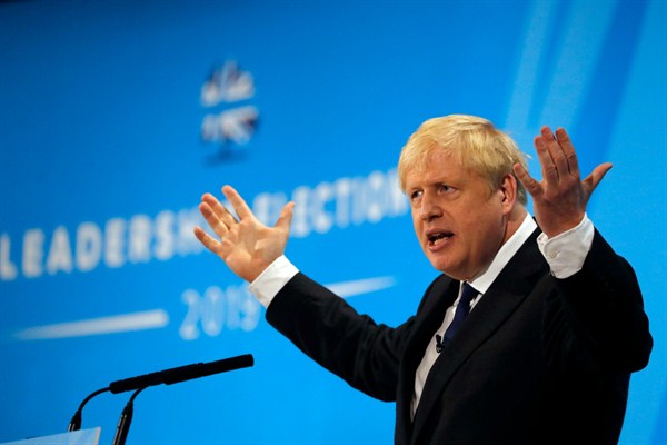 Boris Johnson, the new leader of the British Conservative party, at a Conservative Party leadership campaign event in London, July 17, 2019 (AP photo by Frank Augstein).