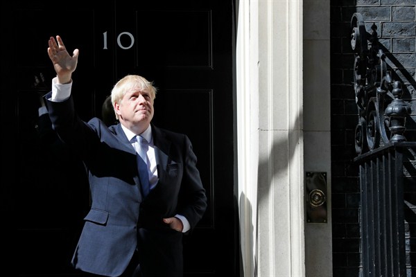 New British Prime Minister Boris Johnson outside 10 Downing Street, London, July 24, 2019 (AP photo by Frank Augstein).