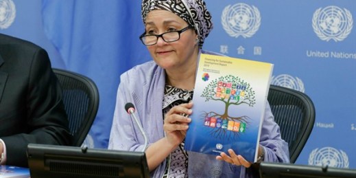 U.N. Deputy Secretary-General Amina J. Mohammed at a press conference on the Financing for Sustainable Development Report at U.N. headquarters, in New York, April 4, 2019 (DPA photo by Luiz Rampelotto via AP Images).