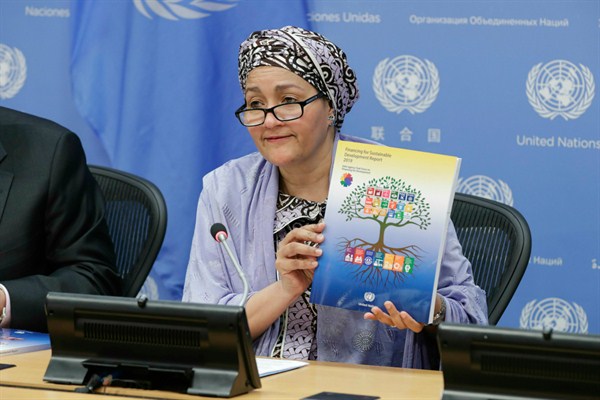 U.N. Deputy Secretary-General Amina J. Mohammed at a press conference on the Financing for Sustainable Development Report at U.N. headquarters, in New York, April 4, 2019 (DPA photo by Luiz Rampelotto via AP Images).