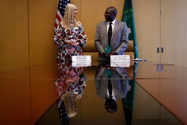 President Donald Trump’s daughter and adviser, Ivanka Trump, and Kwesi Quartey, Deputy Chairperson of the African Union Commission, in Addis Ababa, Ethiopia, April 15, 2019 (AP photo by Jacquelyn Martin).
