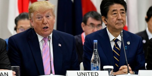 President Donald Trump and Japanese Prime Minister Shinzo Abe during a session at the G-20 summit in Osaka, Japan, June 28, 2019 (AP photo by Susan Walsh).