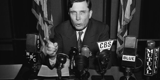 Wendelll Willkie, who girdled the globe in a tour to observe firsthand the conduct of the war in the Allied nations, rehearses his report to the nation at a radio station, in New York City, Oct. 26, 1942 (AP photo by Murray Becker).