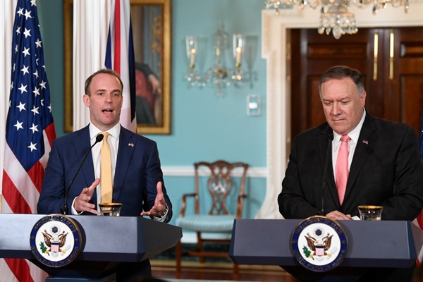 British Foreign Secretary Dominic Raab and U.S. Secretary of State Mike Pompeo during a press conference at the State Department in Washington, Aug. 7, 2019 (AP photo by Susan Walsh).