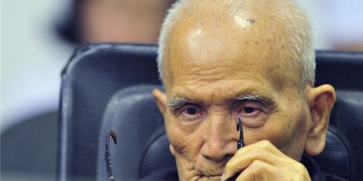 Nuon Chea, the Khmer Rouge’s No. 2 leader, at a hearing of the U.N.-backed war crimes tribunal, in Phnom Penh, Cambodia, Nov. 16, 2018 (Photo provided by the Extraordinary Chambers in the Courts of Cambodia via AP Images).