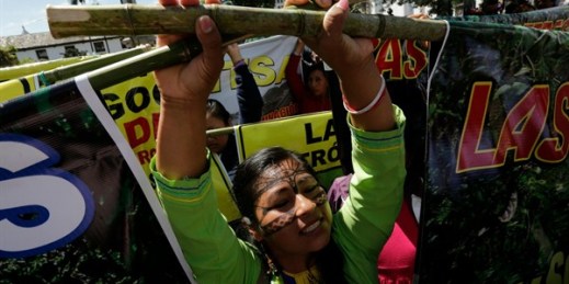 An indigenous woman from the Amazon protests the environmental policies of President Lenin Moreno’s government, in Quito, Ecuador, March 12, 2018 (AP photo by Dolores Ochoa).