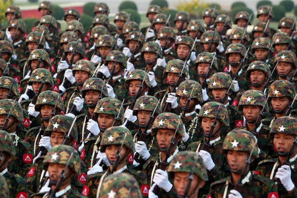 Myanmar military officers march during a parade to mark the 74th Armed Forces Day in Naypyitaw, Myanmar, March 27, 2019 (AP photo by Aung Shine Oo).