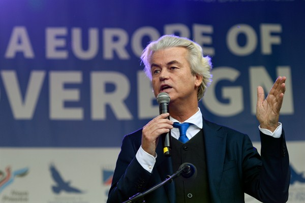Geert Wilders, leader of the Dutch Party for Freedom, at a rally in Wenceslas Square, Prague, Czech Republic, April 25, 2019 (CTK photo by Michal Kamaryt via AP Images).