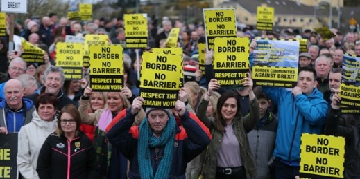 Border communities protest Brexit on the northern side of the Irish border between Newry and Dundalk, March 30, 2019 (Photo by Niall Carson for Press Association via AP Images).