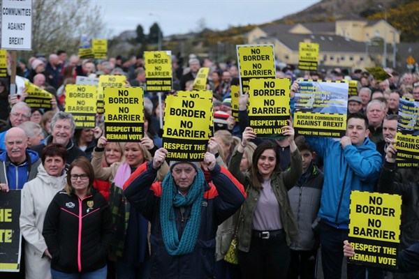 Border communities protest Brexit on the northern side of the Irish border between Newry and Dundalk, March 30, 2019 (Photo by Niall Carson for Press Association via AP Images).