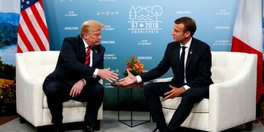 U.S. President Donald Trump meets with French President Emmanuel Macron during the G-7 summit, in Charlevoix, Canada, June 8, 2018 (AP photo by Evan Vucci).
