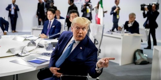 President Donald Trump during a working session on the global economy, foreign policy and security affairs, at the G-7 summit in Biarritz, France, Aug. 25, 2019 (AP photo by Andrew Harnik).