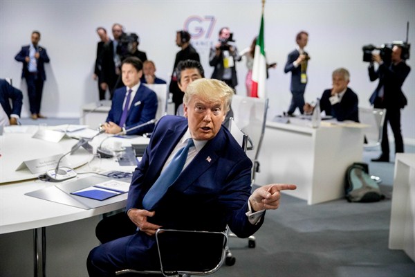 President Donald Trump during a working session on the global economy, foreign policy and security affairs, at the G-7 summit in Biarritz, France, Aug. 25, 2019 (AP photo by Andrew Harnik).