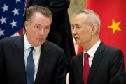 Chinese Vice Premier Liu He, right, talks with U.S. Trade Representative Robert Lighthizer at the Diaoyutai State Guesthouse, in Beijing, Feb. 15, 2019 (AP photo by Mark Schiefelbein).