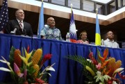 U.S. Secretary of State Mike Pompeo, left, holds a news conference with the leaders of Palau, the Marshall Islands and the Federated States of Micronesia, in Kolonia, Micronesia, Aug. 5, 2019 (pool photo by Jonathan Ernst of Reuters via AP Images).