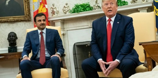 President Donald Trump meets with Qatari Emir Tamim bin Hamad Al-Thani, in the Oval Office of the White House, Washington, July 9, 2019 (DPA photo by Kevin Dietsch via AP Images).