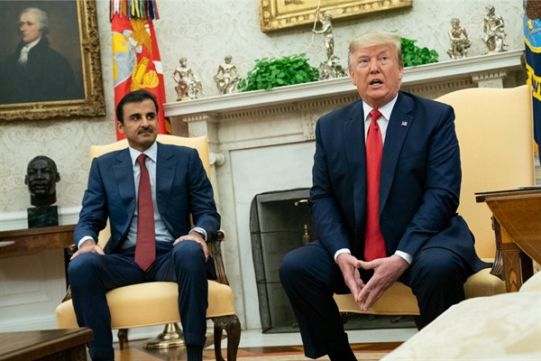 President Donald Trump meets with Qatari Emir Tamim bin Hamad Al-Thani, in the Oval Office of the White House, Washington, July 9, 2019 (DPA photo by Kevin Dietsch via AP Images).