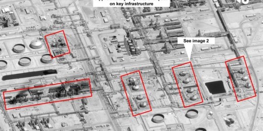 An image provided by the U.S. government shows the damage to Saudi Aramco’s Abqaiq oil processing facility in eastern Saudi Arabia, Sept. 15, 2019 (U.S. government/Digital Globe via AP).