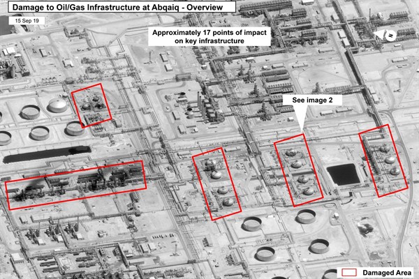An image provided by the U.S. government shows the damage to Saudi Aramco’s Abqaiq oil processing facility in eastern Saudi Arabia, Sept. 15, 2019 (U.S. government/Digital Globe via AP).
