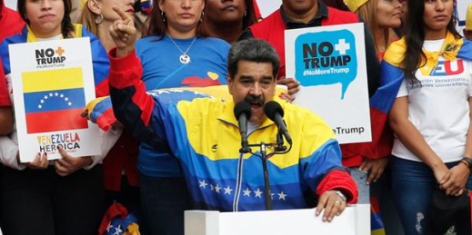 President Nicolas Maduro speaks during a rally condemning U.S. economic sanctions on Venezuela, in Caracas, Aug. 10, 2019 (AP photo by Ariana Cubillos).