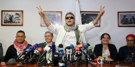 FARC leader Seuxis Hernandez, more widely known as Jesus Santrich, at a press conference at the FARC party headquarters in Bogota, Colombia, May 30, 2019 (AP photo by Fernando Vergara).