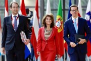 Austrian Interim Chancellor Brigitte Bierlein, center, arrives for an EU summit in Brussels, July 2, 2019 (AP photo by Olivier Matthys).