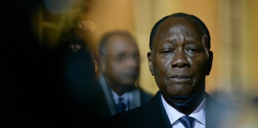 Cote d’Ivoire’s president, Alassane Ouattara, following his meeting with French President Emmanuel Macron in Paris, France, Feb. 15, 2019 (SIPA photo via AP Images).