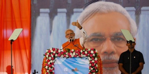 Indian Prime Minister Narendra Modi speaks at a festival at Kevadiya, in the western Indian state of Gujarat, Sept. 17, 2019 (AP photo by Ajit Solanki).