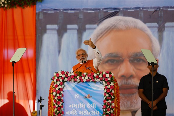Indian Prime Minister Narendra Modi speaks at a festival at Kevadiya, in the western Indian state of Gujarat, Sept. 17, 2019 (AP photo by Ajit Solanki).