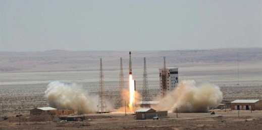 A picture released by the Iranian government claiming to show the launch of a Simorgh satellite-carrying rocket at an undisclosed location, Iran (Iranian Defense Ministry photo via AP Images).
