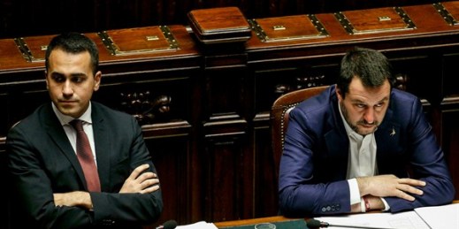 Italian Deputy Prime Ministers Matteo Salvini, right, and Luigi Di Maio during question time at the Chamber of Deputies, in Rome, Feb. 13, 2019 (ANSA photo by Fabio Frustaci via AP Images).