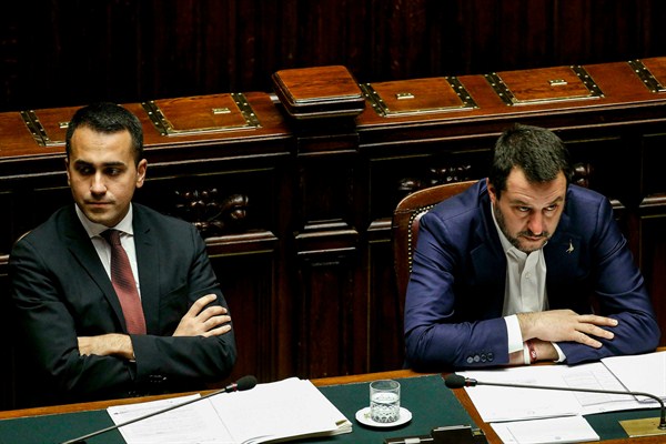Italian Deputy Prime Ministers Matteo Salvini, right, and Luigi Di Maio during question time at the Chamber of Deputies, in Rome, Feb. 13, 2019 (ANSA photo by Fabio Frustaci via AP Images).