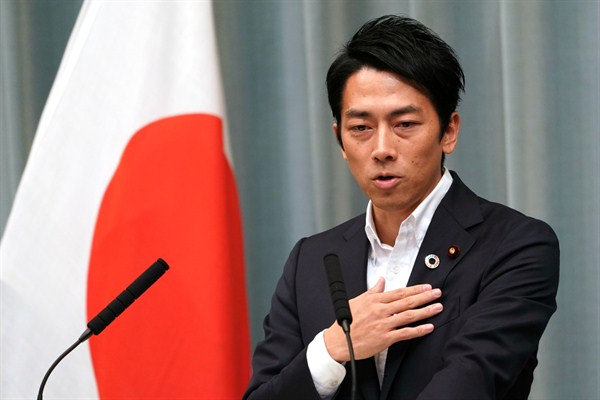 Newly appointed Environment Minister Shinjiro Koizumi speaks during a press conference at the prime minister’s official residence in Tokyo, Sept. 11, 2019 (AP photo by Eugene Hoshiko).