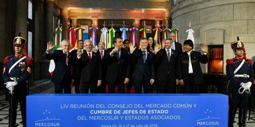From left, the presidents of Chile, Uruguay, Brazil, Argentina, Paraguay and Bolivia at the Mercosur Summit in Santa Fe, Argentina, July 17, 2019 (AP photo by Gustavo Garello).