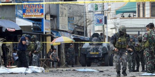 The aftermath of the twin suicide bombing of a Roman Catholic cathedral in Jolo, the capital of Sulu province in the southern Philippines, Jan. 27, 2019 (AP photo by Nickee Butlangan).